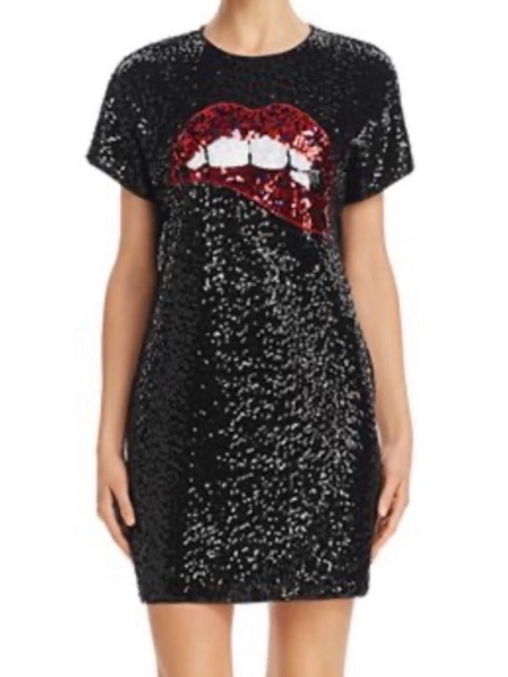 Aidan Mattox Black Sequin Graphic Short Sleeve Party Dress with Lips